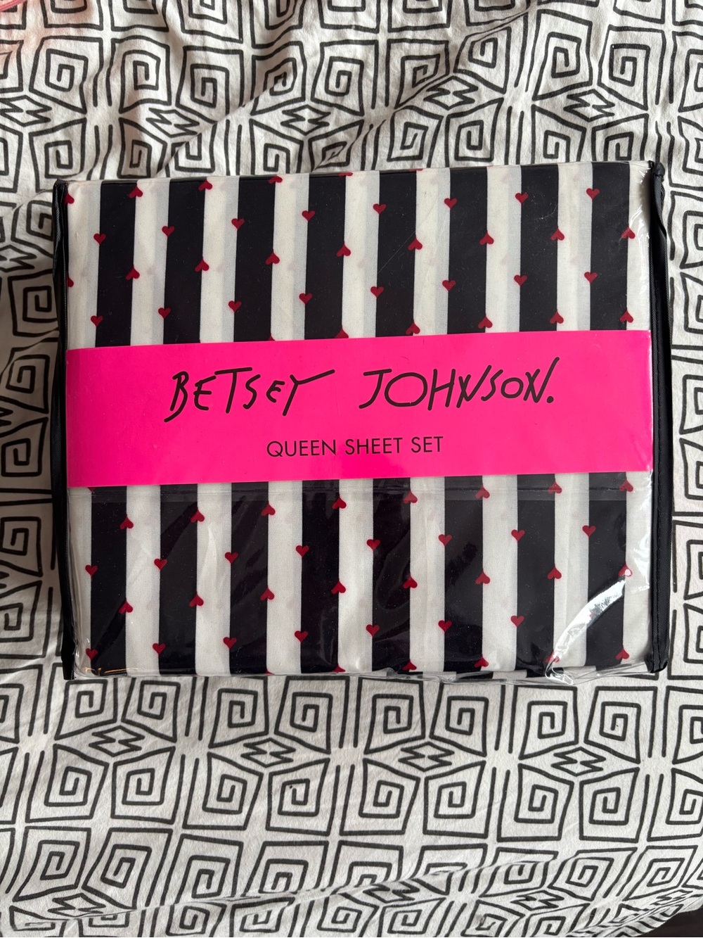 Betsey Johnson Black & White Striped Queen Sheet Set with Red Heart Pattern
